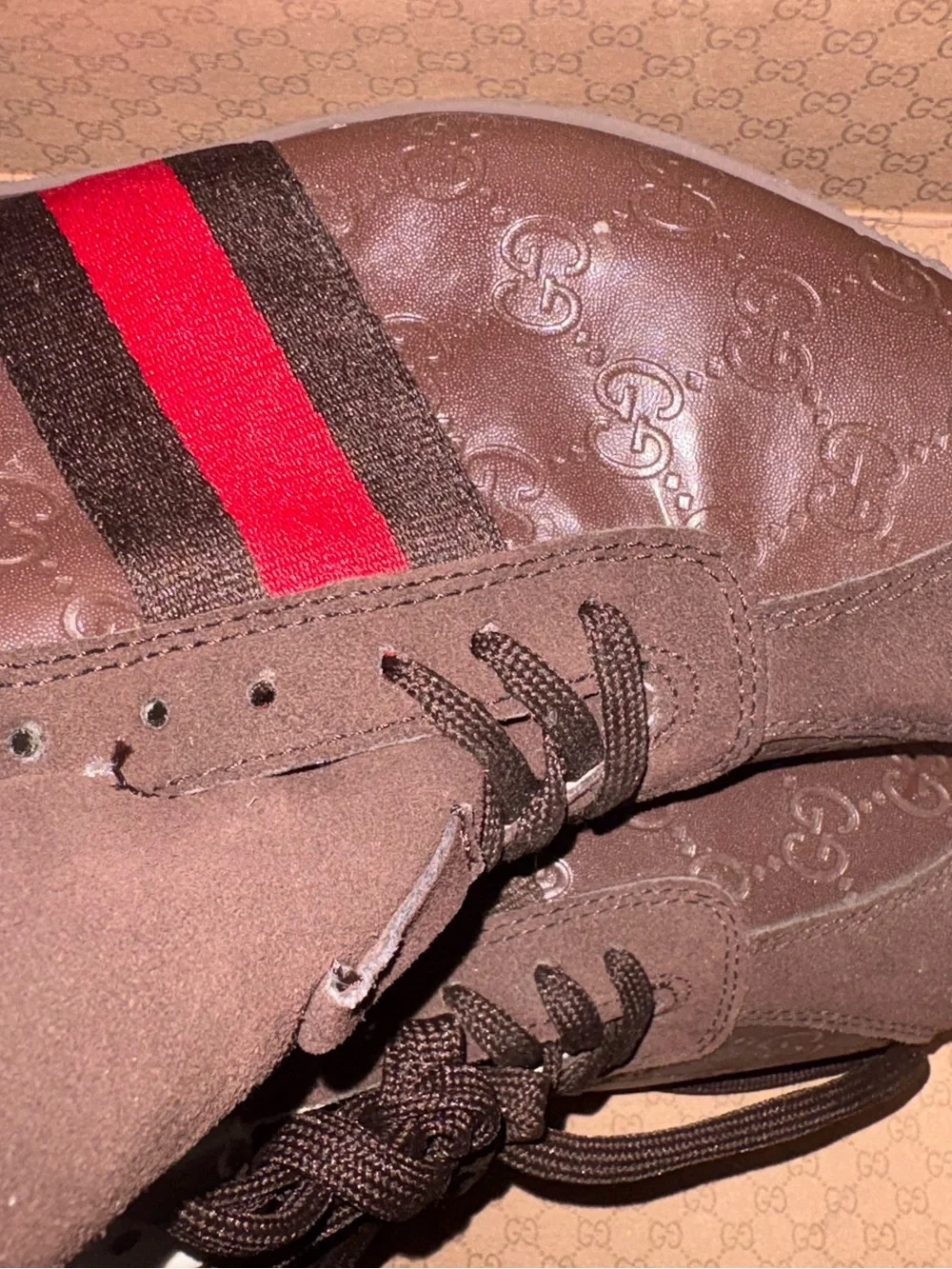 Gucci Brown Suede Sneakers with Red Web Stripe never been worn even one time